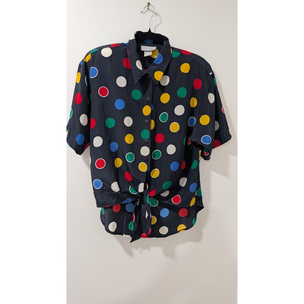 Vintage Impressions of California Polka Dot Tie Front Blouse Navy sz 8 med